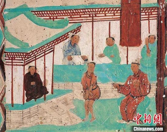 敦煌莫高窟第468窟(中唐)中的“学堂”。(敦煌研究院供图)